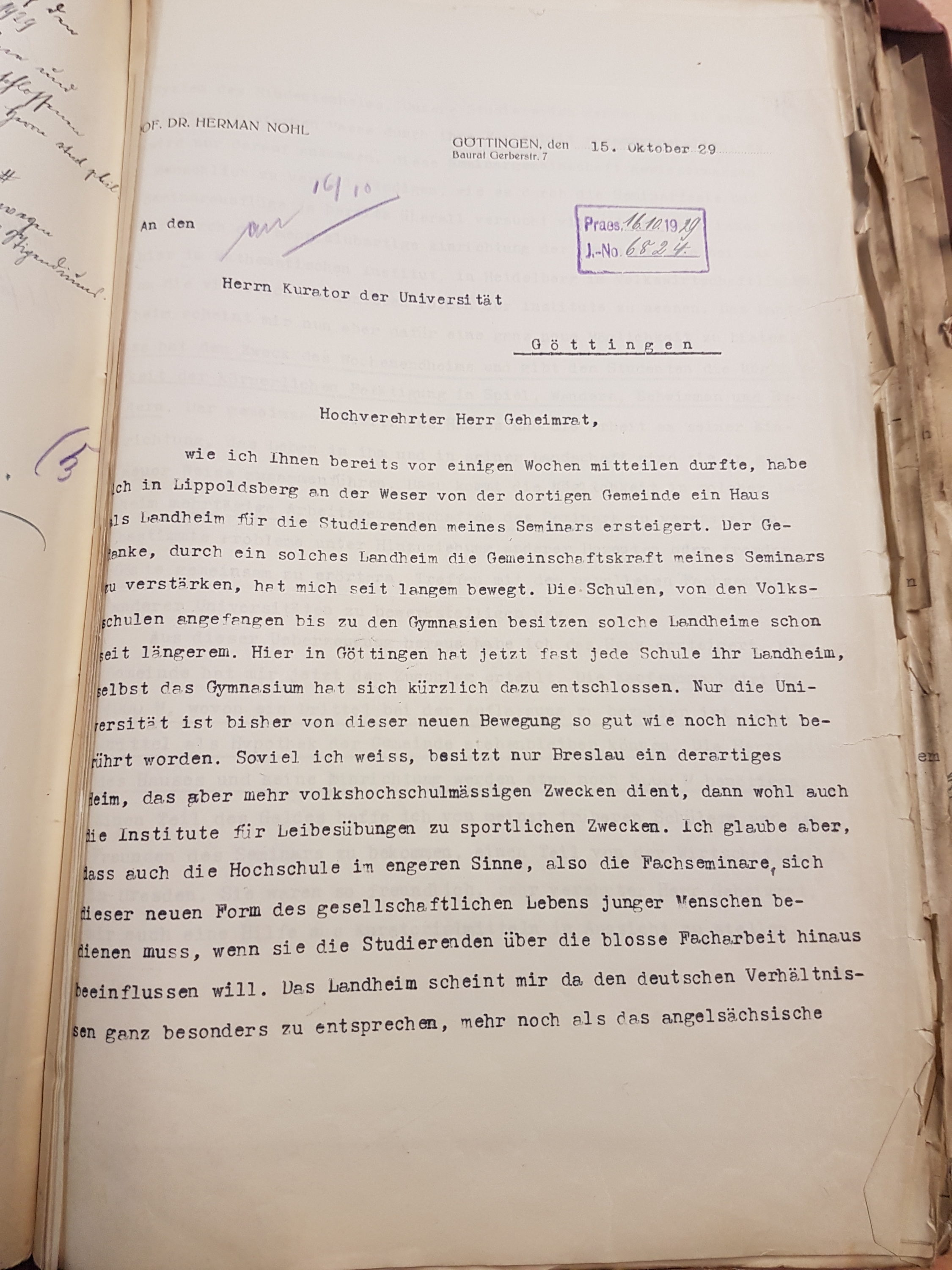 Brief Nohls vom 15.10.1929 an den Kurator der Universität betreffend die Ersteigerung eines Hauses als Landheim in Lippoldsberg, Seite 1. Quelle: Universitätsarchiv Göttingen: Kur. 1263; unpag.