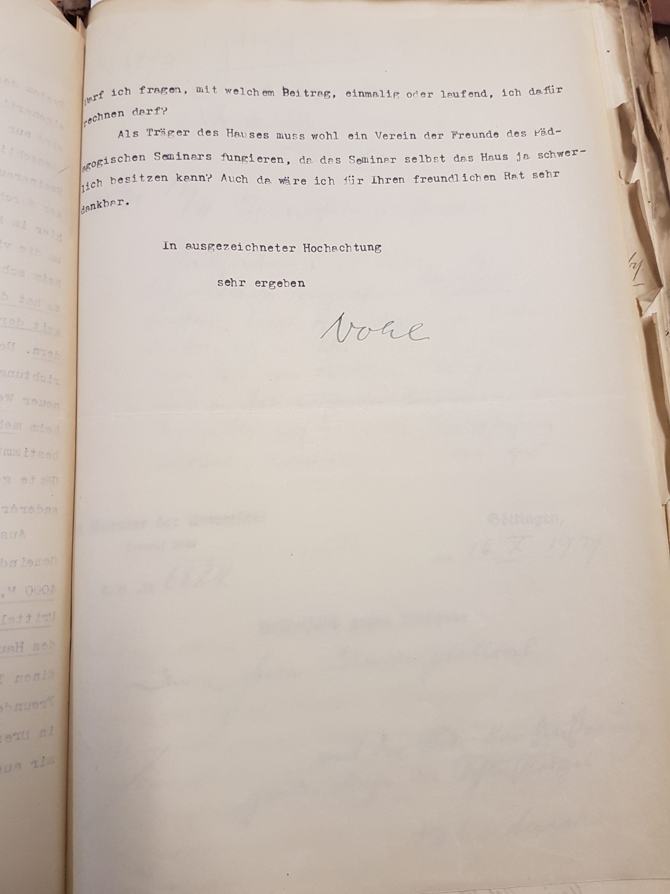Brief Nohls vom 15.10.1929 an den Kurator der Universität betreffend die Ersteigerung eines Hauses als Landheim in Lippoldsberg, Seite 3. Quelle: Universitätsarchiv Göttingen: Kur. 1263; unpag.