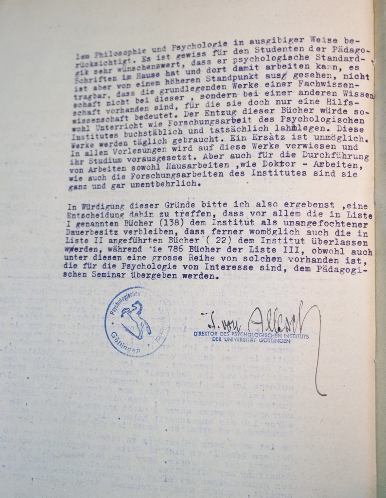 Brief von Alleschs an den Kurator der Universität vom 08.03.1949, Seite 2. Quelle: Universitätsarchiv Göttingen, Kur. 1264, 15 (RS).