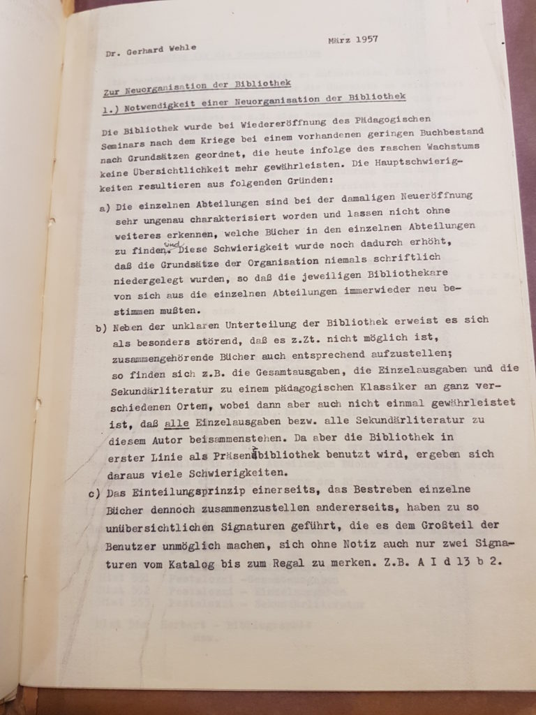 Entwurf Dr. Gerhard Wehles zur Neuordnung der Bibliothek des Pädagogischen Seminars vom März 1957, Seite 1. Quelle: Universitätsarchiv Göttingen, Kur. 1265, 41.