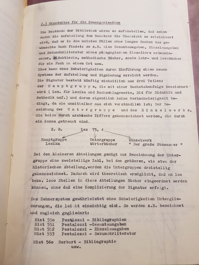 Entwurf Dr. Gerhard Wehles zur Neuordnung der Bibliothek des Pädagogischen Seminars vom März 1957, Seite 2. Quelle: Universitätsarchiv Göttingen, Kur. 1265, 42.