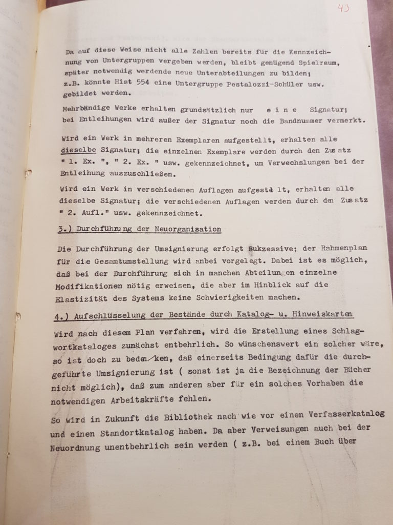 Entwurf Dr. Gerhard Wehles zur Neuordnung der Bibliothek des Pädagogischen Seminars vom März 1957, Seite 3. Quelle: Universitätsarchiv Göttingen, Kur. 1265, 43.