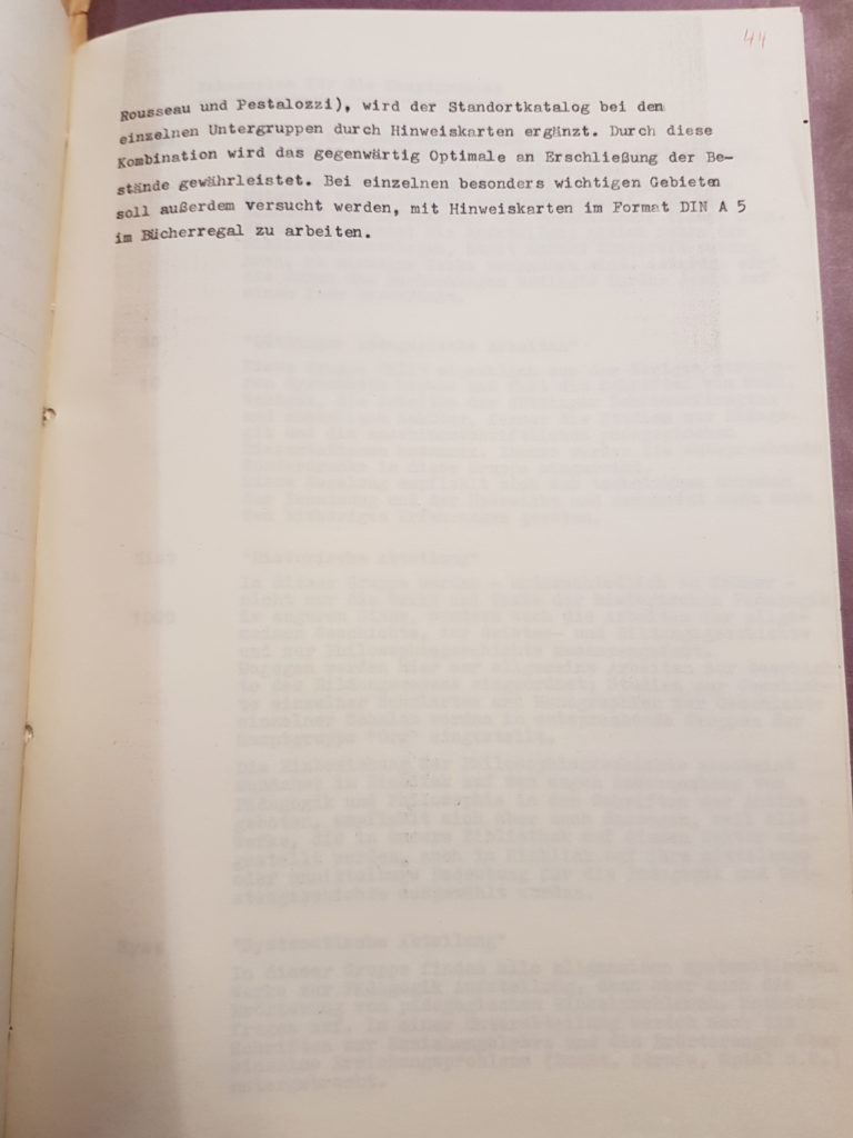 Entwurf Dr. Gerhard Wehles zur Neuordnung der Bibliothek des Pädagogischen Seminars vom März 1957, Seite 4. Quelle: Universitätsarchiv Göttingen, Kur. 1265, 44.