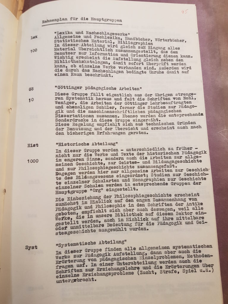 Entwurf Dr. Gerhard Wehles zur Neuordnung der Bibliothek des Pädagogischen Seminars vom März 1957, Seite 5. Quelle: Universitätsarchiv Göttingen, Kur. 1265, 45.