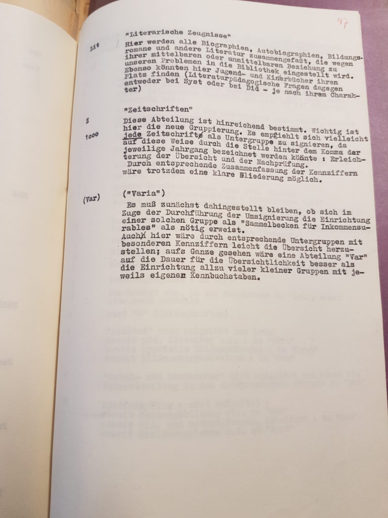 Entwurf Dr. Gerhard Wehles zur Neuordnung der Bibliothek des Pädagogischen Seminars vom März 1957, Seite 7. Quelle: Universitätsarchiv Göttingen, Kur. 1265, 47.