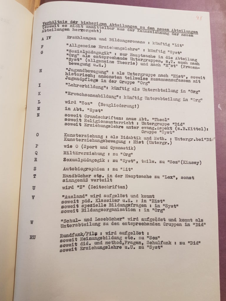 Entwurf Dr. Gerhard Wehles zur Neuordnung der Bibliothek des Pädagogischen Seminars vom März 1957, Seite 8. Quelle: Universitätsarchiv Göttingen, Kur. 1265, 48.
